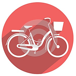 Silhouette of bicycle for woman with long shadow on red circle button