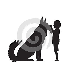 Silhouette of a big dog and a boy