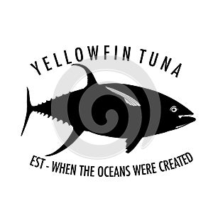 A yellowfin tuna silhouette with writing logo design