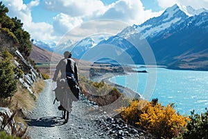 silhouette of a bike traveler riding a bicycle on road with mountains and lake in sunny day