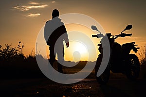 Silhouette of a biker with a motorcycle against the backdrop of the setting sun. Generative ai
