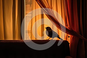 silhouette of bird perched on curtain rod