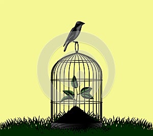 Silhouette of a bird sitting on a cage against the sky in the style of engraving