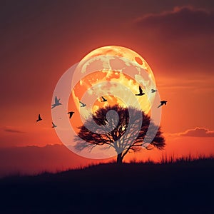 silhouette of birds flying with a lone tree in the foreground.