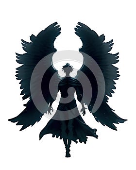 Silhouette of a black angel with wings isolated on transparent background.