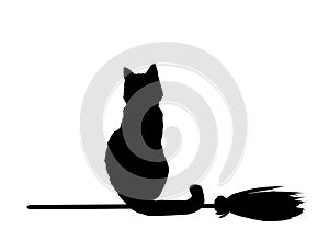Silhouette of black cat flying on broom isolated on white photo