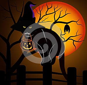 Silhouette of a Black Cat with a Witch's Hat Playfully Gnawing on a Pumpkin Bag, Underneath an Orange-Hued Sky
