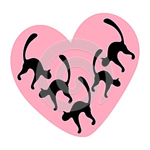 Silhouette of black cats against the background of heart in trendy pink hue. National Black Cat Day