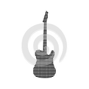 The silhouette of a black circle arranged in the shape of an electric guitar. Isolated on white background. black and white