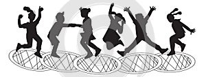 Silhouette black contours of children jumping on a trampoline vector.