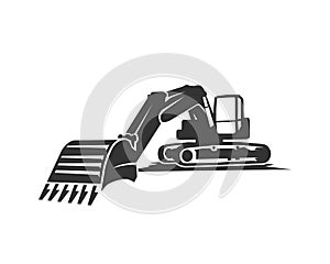 The silhouette black excavator on a white background.