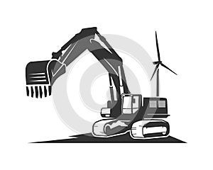 The silhouette black excavator on a white background.