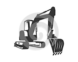 The silhouette black excavator on a white background.