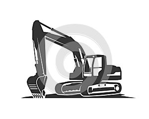 The silhouette black excavator on a white background.