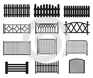 Silhouette Black Fence Icon Set Isolated on a White Background.