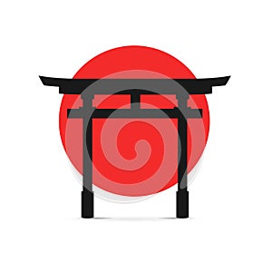 Silhouette Black Japanese Traditional Torii Gate on a Red Sun. Vector