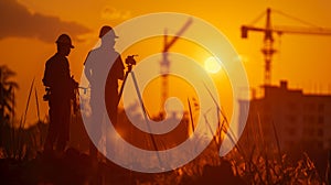 silhouette black man survey civil engineer stand on ground working in a land building site over Blurred construction worker on