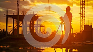 silhouette black man survey civil engineer stand on ground working in a land building site over Blurred construction worker on