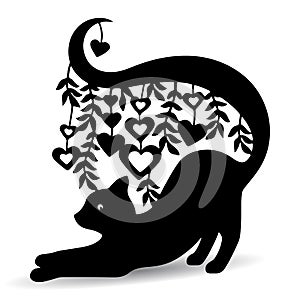 Silhouette black, ornate cat, with a long tail where the hearts