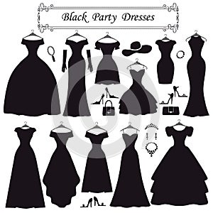 Silhouette of black party dresses.Fashion flat