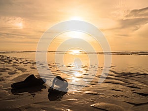 Silhouette black sandals on sand at golden sunset beach