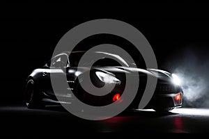 Silhouette of black sports car with one led headlight, sports