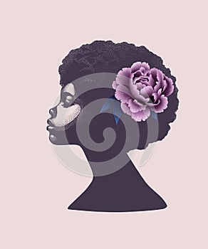 Silhouette of a black woman\'s head with a flower arrangement. Portrait, peonies, leaves, flower arrangement, bouquet