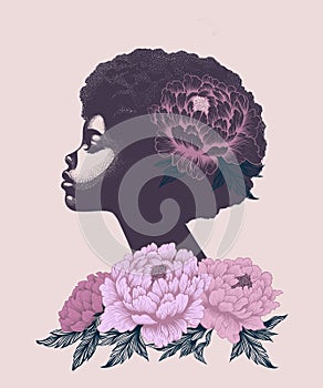 Silhouette of a black woman\'s head with a flower arrangement. Portrait, peonies, leaves, flower arrangement, bouquet
