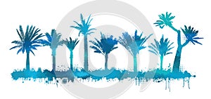 Silhouette of a blue palm trees on a white background. hand drawing. Not AI. Vector illustration