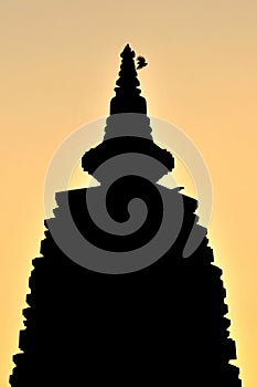 Silhouette of Bodh Gaya Pagoda during sunset in Buddhism, India, silhouette,