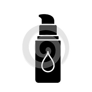 Silhouette Bottle of concealer or moisturizer. Outline icon of vial with dispenser, cream drop. Black illustration of makeup