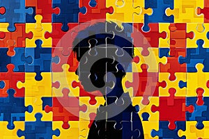 Silhouette of boy child with yellow, blue and red jigsaw puzzle pieces