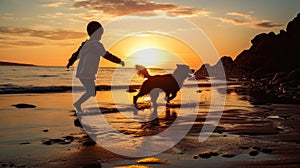 Silhouette of boy and dog playing on the beach at sunrise