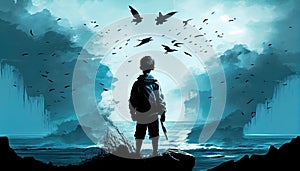 Silhouette of Boy Fishing, Cliff Overlook, Made with Generative AI