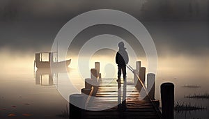 Silhouette of Boy Fishing, Misty Dawn, Made with Generative AI