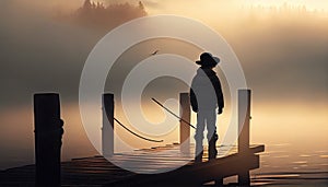 Silhouette of Boy Fishing, Misty Dawn, Made with Generative AI