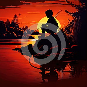 Silhouette of Boy Fishing, River Sunset, Made with Generative AI
