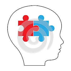 Silhouette of kid, child, person with puzzle in head. Relationship of left and right hemisphere, thinking system. Vector