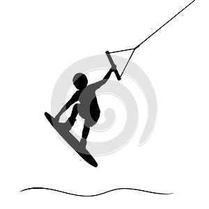 Silhouette boy learns wake surfing. Extreme Sports Kitesurfing