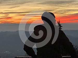 A silhouette of a boy observing landscape in sunset light. Uetliberg Zurich Switzerland in winter.