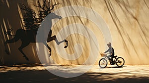 Silhouette of a boy riding a bike with shadow of a mystical horse