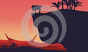 Silhouette of Brachiosaurus and T-Rex with red backgrounds