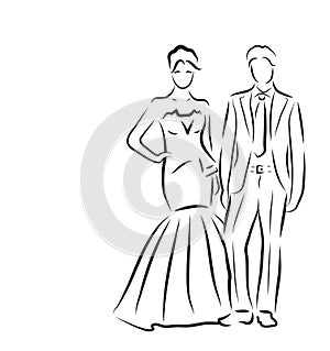 Silhouette of bride and groom, newlyweds sketch, hand drawing, wedding invitation, vector illustration