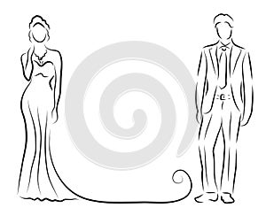Silhouette of bride and groom, newlyweds sketch, hand drawing, wedding invitation, vector illustration