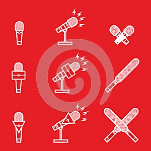 Silhouette broadcasting microphone set with lightning sign for news anchor, television or infotainment, etc