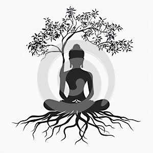 Buddha Silhouette Meditating Under Tree of Life Roots Symbolizing Enlightenment and Growth