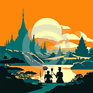 Silhouette of Buddhist temple on the river bank. Vector illustration AI generated