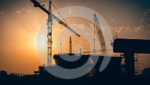 Silhouette of building at construction site with industrial crane in Dubai UAE at sunset sky background