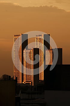 silhouette building in the golden light at sunset