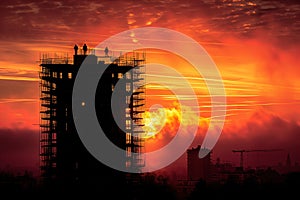 Silhouette of a building under construction covered in scaffolding and with workers in its highest part, with an intense red